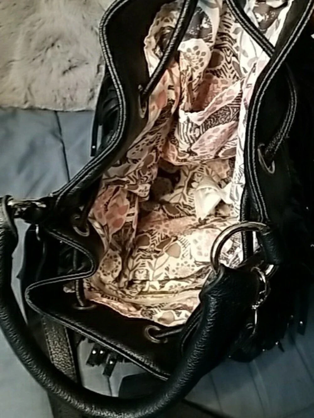 Black Fringe Hobo Bag with Detachable Strap Medium